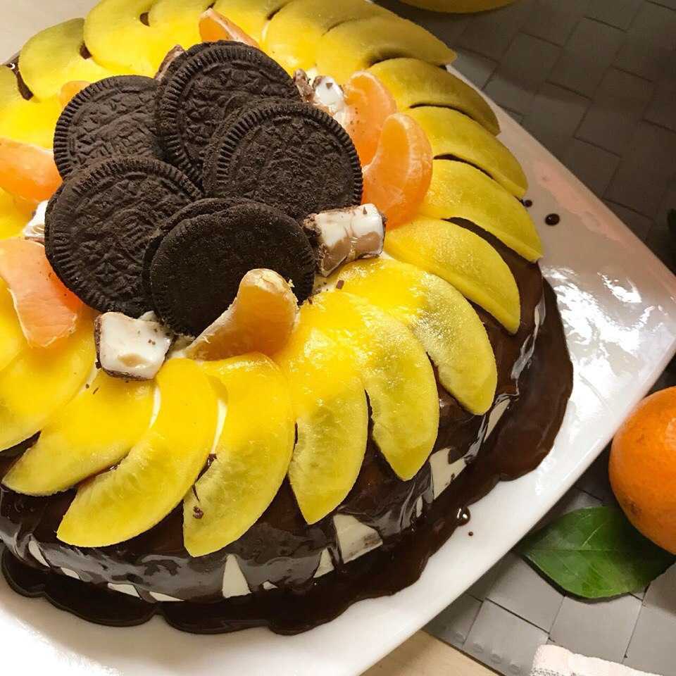 Творожный торт с персиками консервированными и желатином